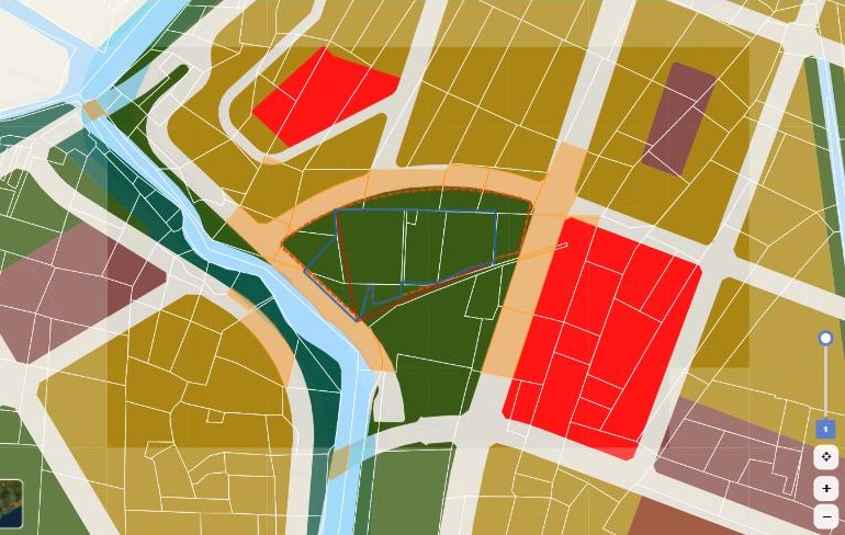 Ranh khu đất phủ trên bản đồ quy hoạch với đường quy hoạch tô cam